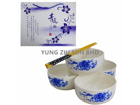 4PCS 4.25^ BOWL+4 PAIR CHOPSTICKS SET(BLUE AND WHITE PORCELAIN)